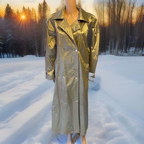 Vintage J.Gallery Metallic Light Gold Dressy Trench Coat Women 8 Double Breasted - Picture 1 of 12